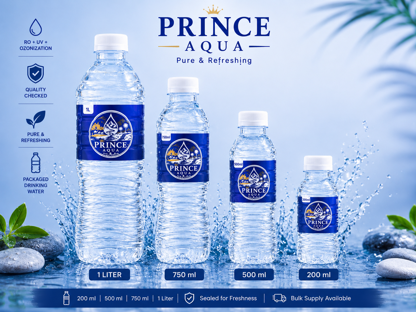 Prince Aqua bottle sizes: 200 ml, 500 ml, 750 ml, and 1 liter